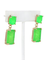 Neon green rectangle-shaped glass stone drop earrings with faceted detailing, set in gold-tone metal.