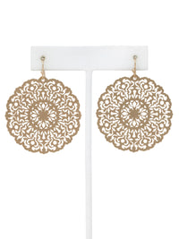 Lightweight round filigree metal drop and dangle earrings featuring an intricate openwork circular design in a gold-tone finish.