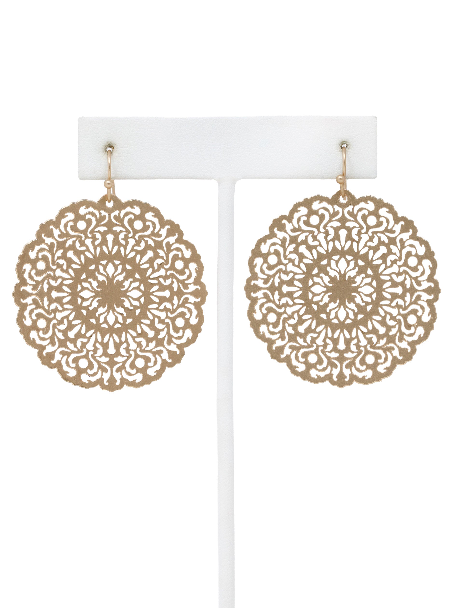 Lightweight round filigree metal drop and dangle earrings featuring an intricate openwork circular design in a gold-tone finish.