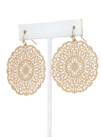 Lightweight round filigree metal drop and dangle earrings featuring an intricate openwork circular design in a gold-tone finish.