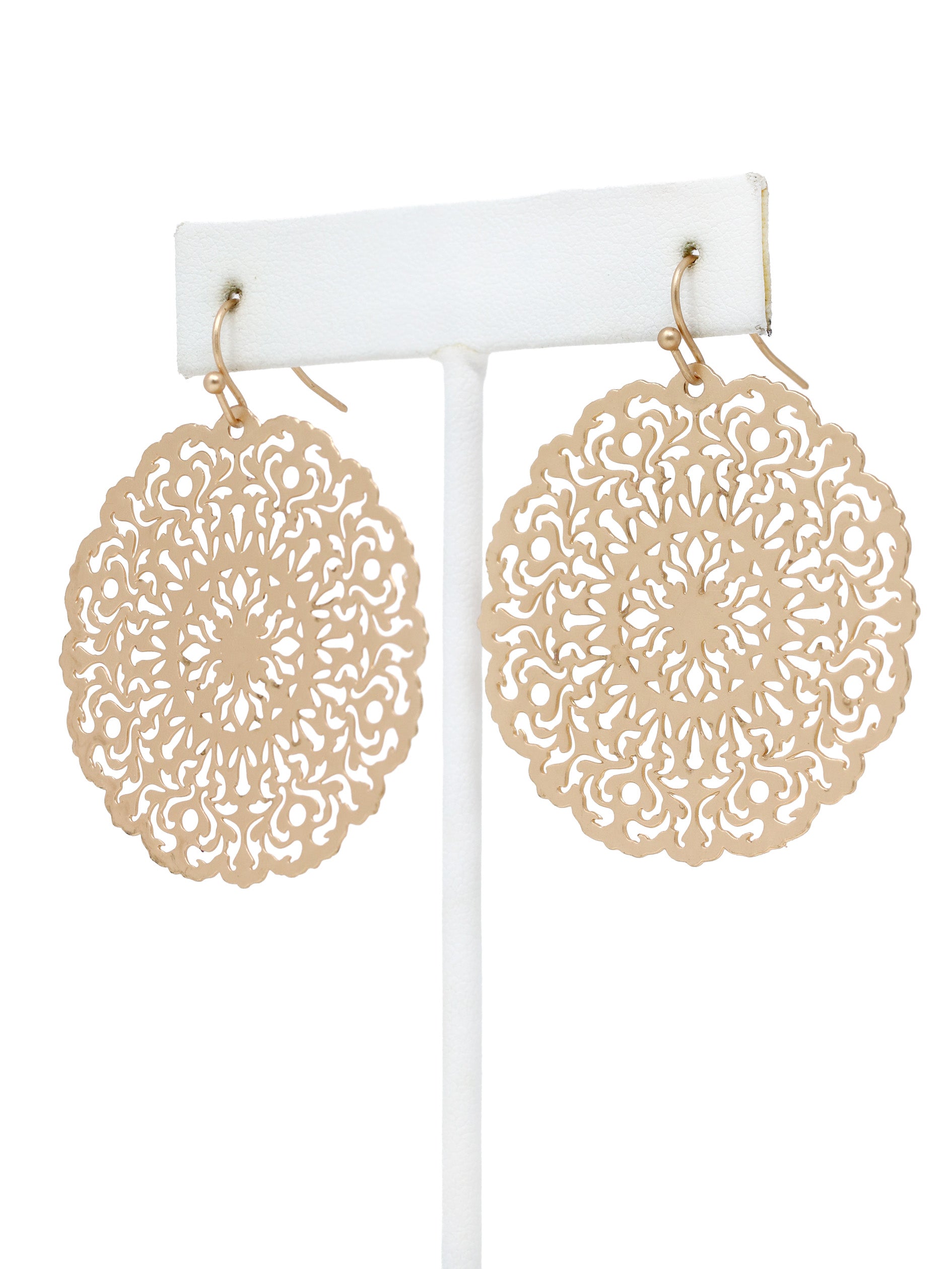 Lightweight round filigree metal drop and dangle earrings featuring an intricate openwork circular design in a gold-tone finish.