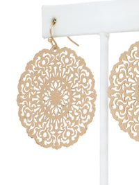 Lightweight round filigree metal drop and dangle earrings featuring an intricate openwork circular design in a gold-tone finish.