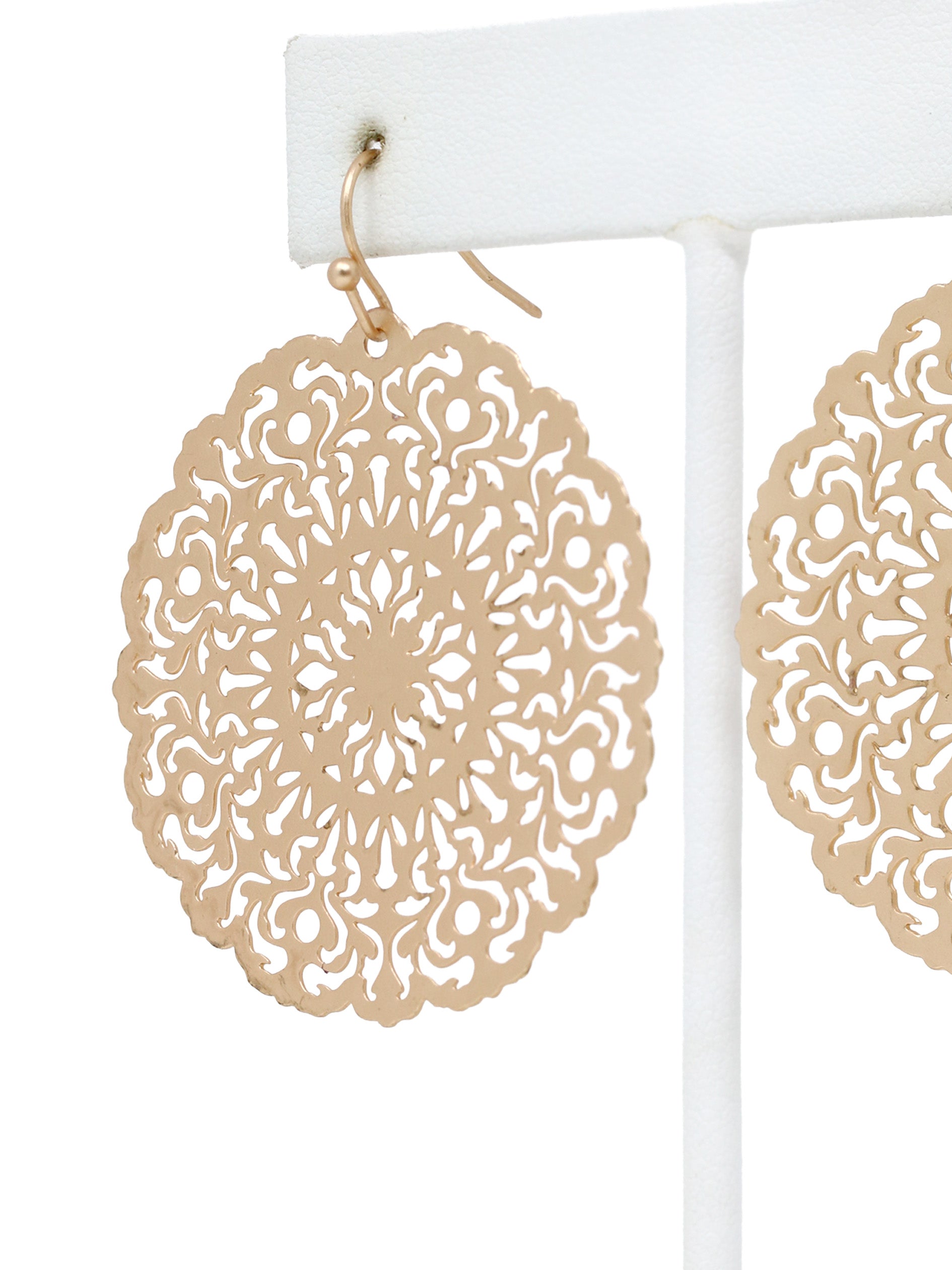 Lightweight round filigree metal drop and dangle earrings featuring an intricate openwork circular design in a gold-tone finish.