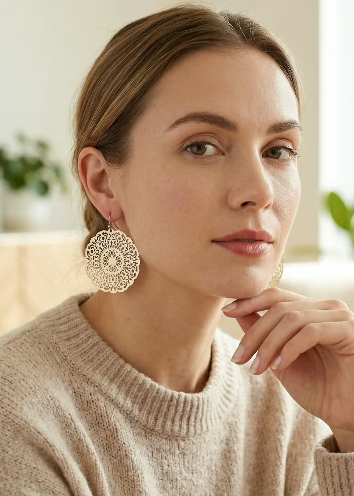 Lightweight round filigree metal drop and dangle earrings featuring an intricate openwork circular design in a gold-tone finish.