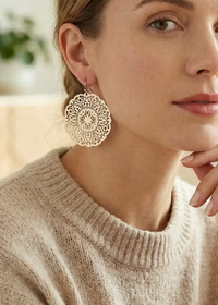 Lightweight round filigree metal drop and dangle earrings featuring an intricate openwork circular design in a gold-tone finish.
