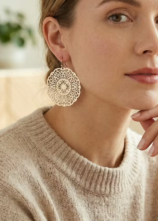 Lightweight round filigree metal drop and dangle earrings featuring an intricate openwork circular design in a gold-tone finish.
