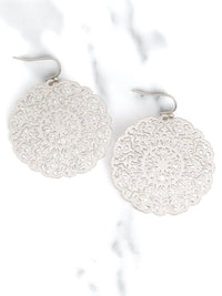 Lightweight round filigree metal drop and dangle earrings featuring an intricate openwork circular design in a silver-tone finish.