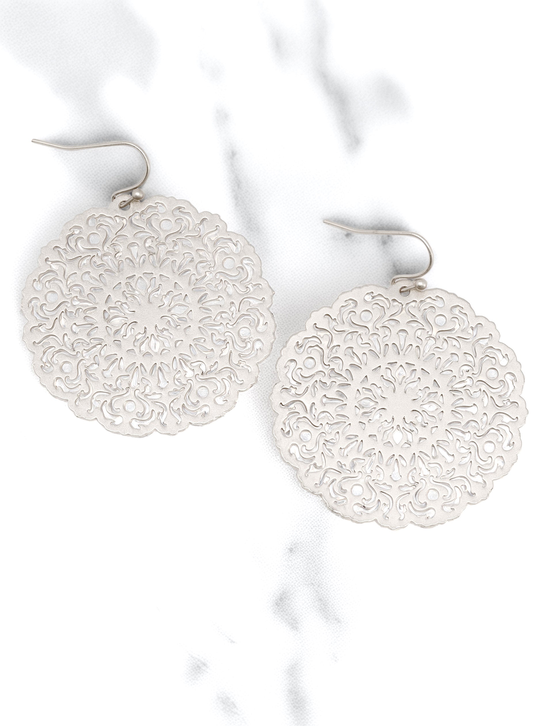 Lightweight round filigree metal drop and dangle earrings featuring an intricate openwork circular design in a silver-tone finish.