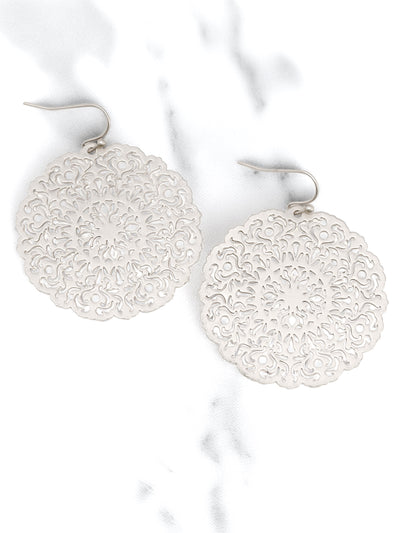 Lightweight round filigree metal drop and dangle earrings featuring an intricate openwork circular design in a silver-tone finish.