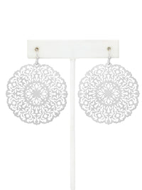 Lightweight round filigree metal drop and dangle earrings featuring an intricate openwork circular design in a silver-tone finish.