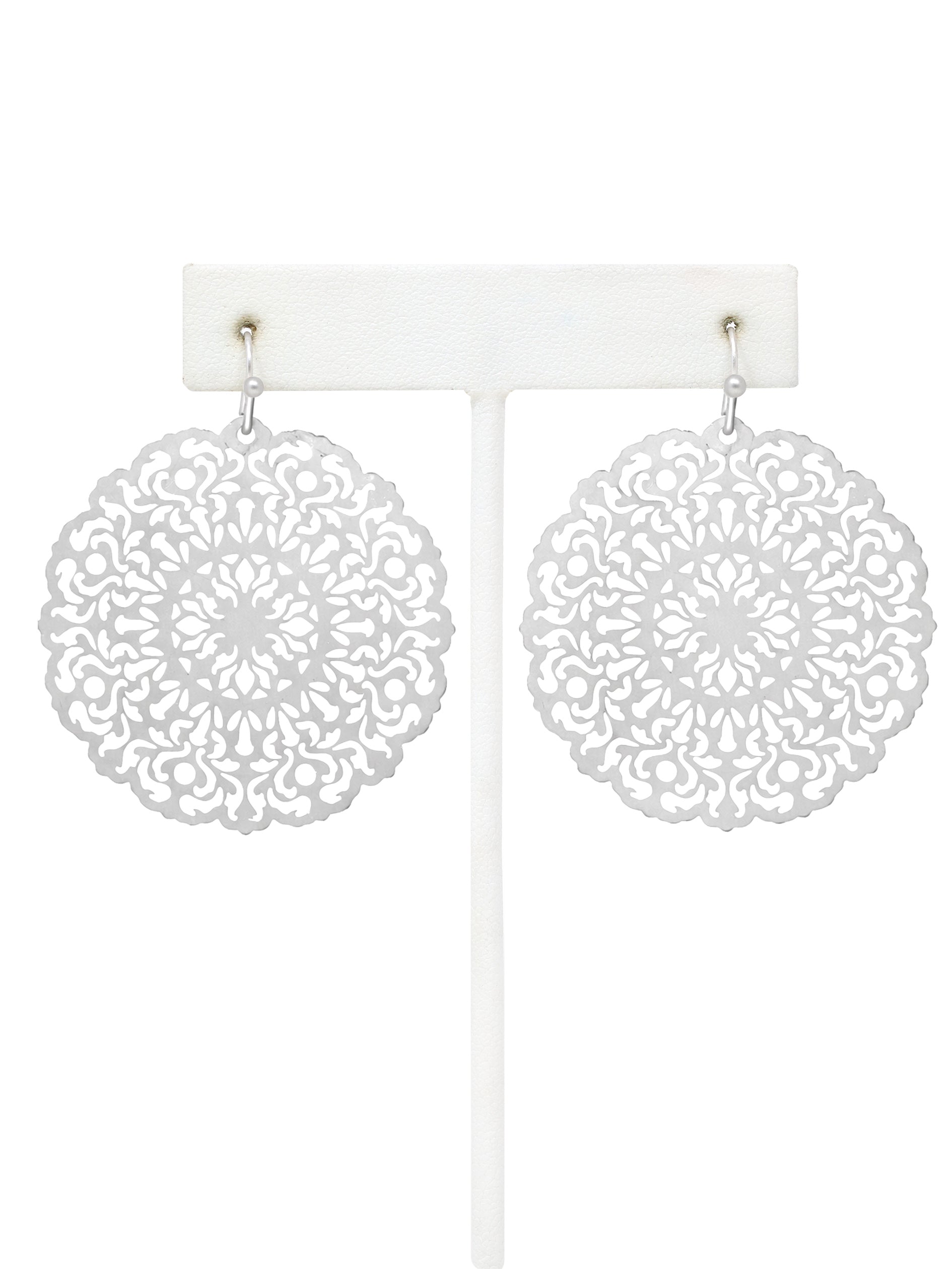 Lightweight round filigree metal drop and dangle earrings featuring an intricate openwork circular design in a silver-tone finish.