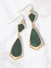 Green teardrop earrings with gold accents on a white background