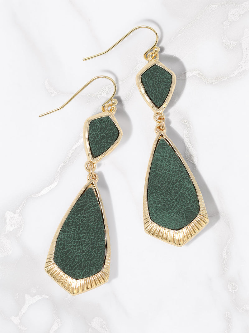Green teardrop earrings with gold accents on a white background