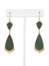 Green teardrop earrings with gold accents on a white stand