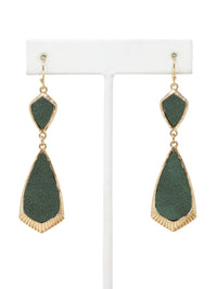Green teardrop earrings with gold accents on a white stand