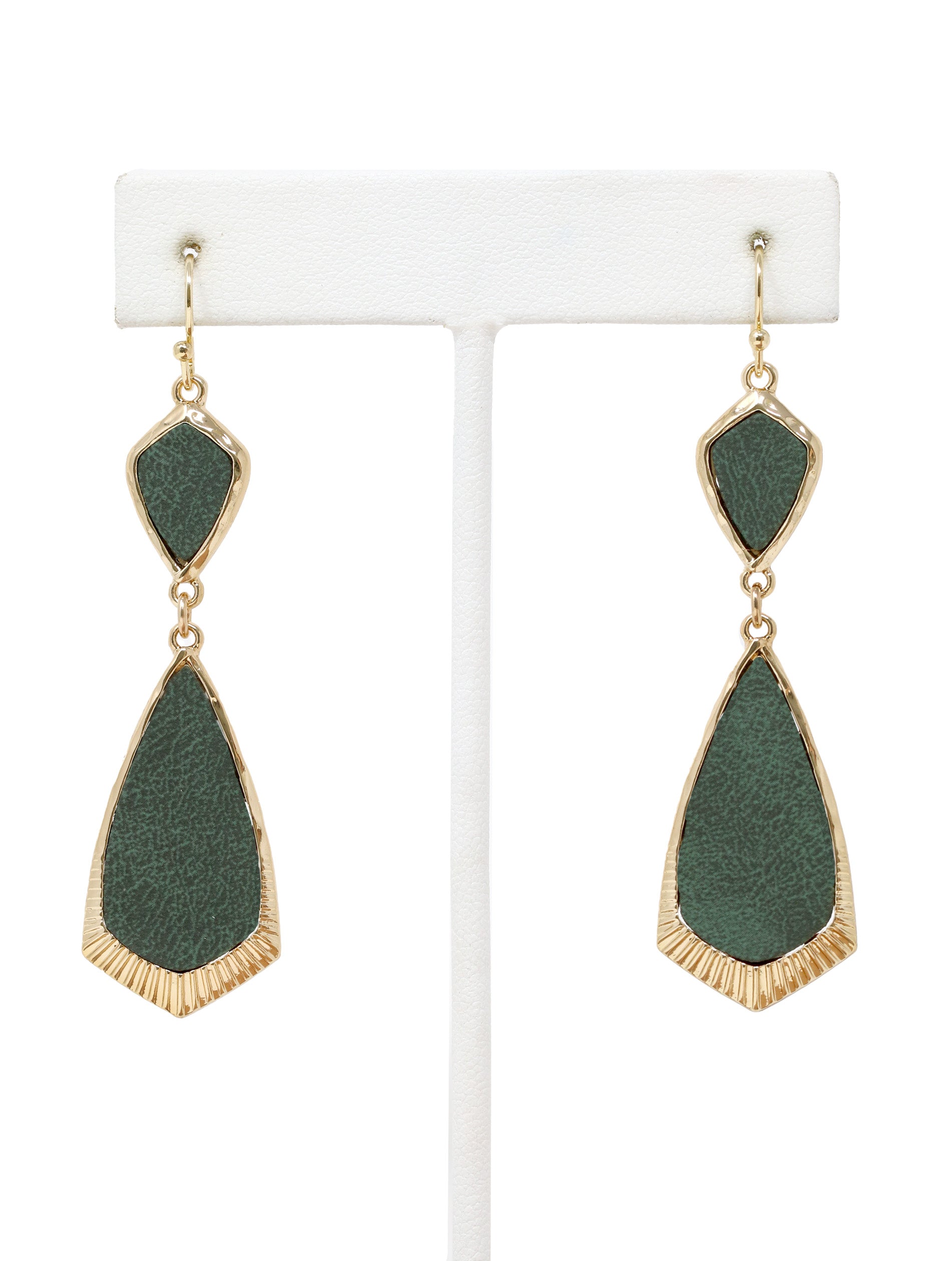 Green teardrop earrings with gold accents on a white stand