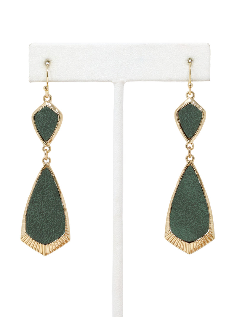 Green teardrop earrings with gold accents on a white stand