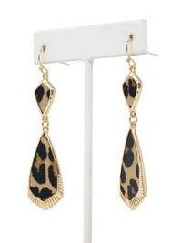 Leopard print earrings on a white stand with a white background