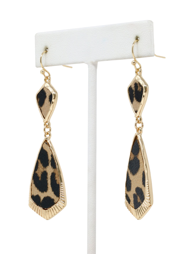 Leopard print earrings on a white stand with a white background