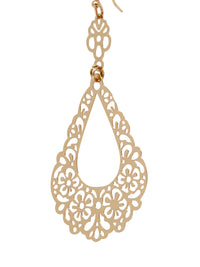 Gold filigree teardrop earring on a white background