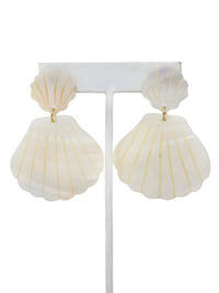Shell-shaped earrings on a white stand with a white background