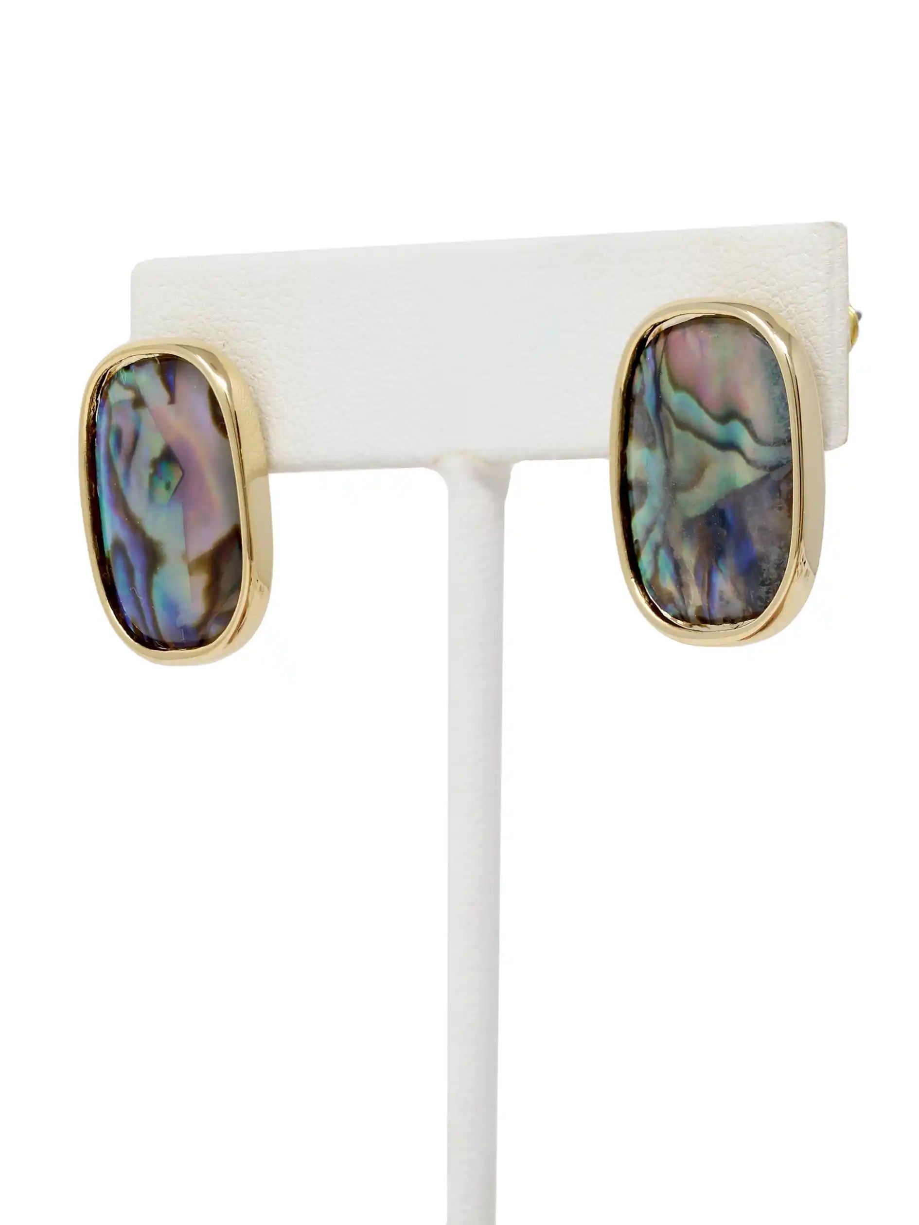 Pair of gold earrings with multicolored stone on a white stand