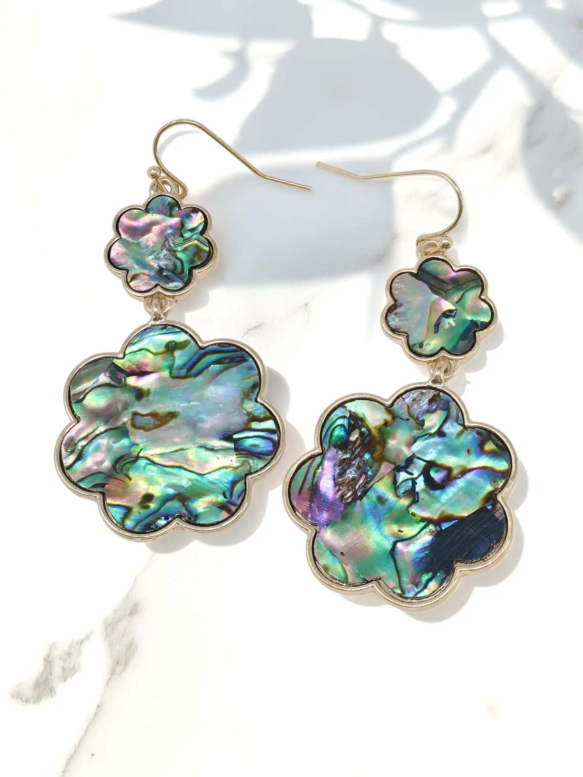 Pair of floral earrings with colorful abalone shell details on a light background