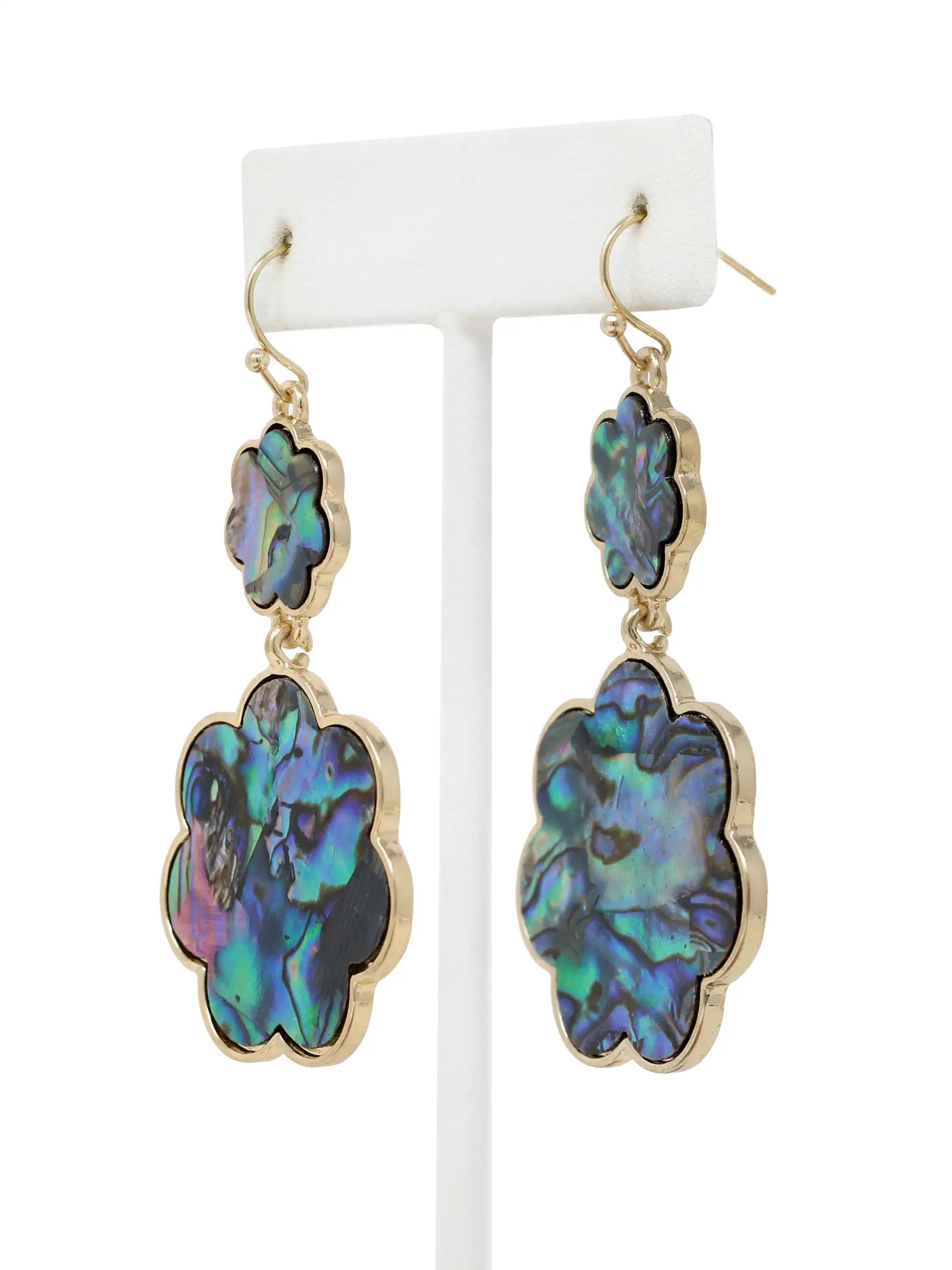 Pair of earrings with abalone shell design on a white stand