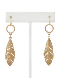 Gold leaf drop dangle earrings with textured circular links and detailed cutout leaf pendants.