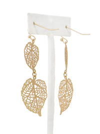 Gold leaf-shaped earrings on a white display card