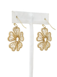 Gold wire flower drop earrings with open petal design and hook closure, featuring delicate floral filigree style in a lightweight gold-tone finish.