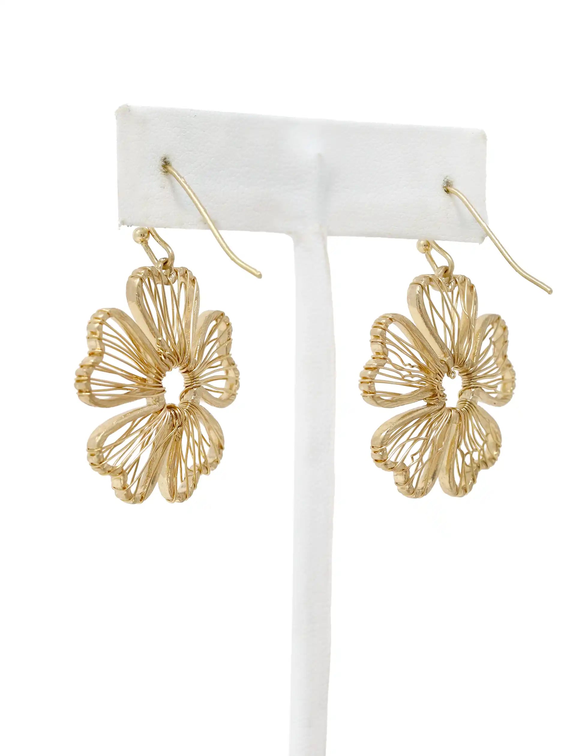 Gold wire flower drop earrings with open petal design and hook closure, featuring delicate floral filigree style in a lightweight gold-tone finish.
