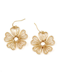 Gold wire flower drop earrings with open petal design and hook closure, featuring delicate floral filigree style in a lightweight gold-tone finish.