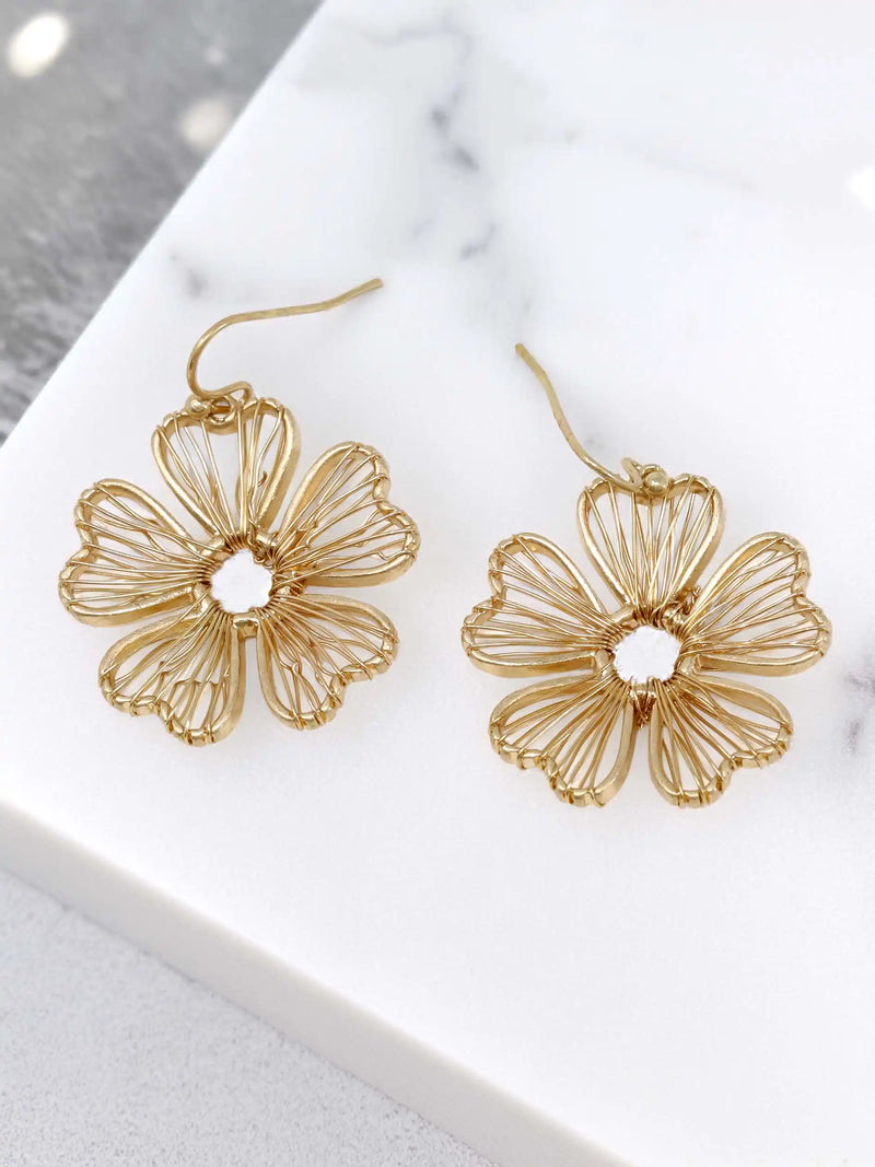 Gold wire flower drop earrings with open petal design and hook closure, featuring delicate floral filigree style in a lightweight gold-tone finish.