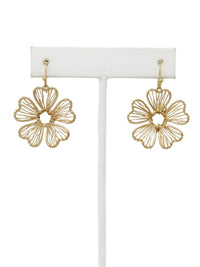 Gold wire flower drop earrings with open petal design and hook closure, featuring delicate floral filigree style in a lightweight gold-tone finish.