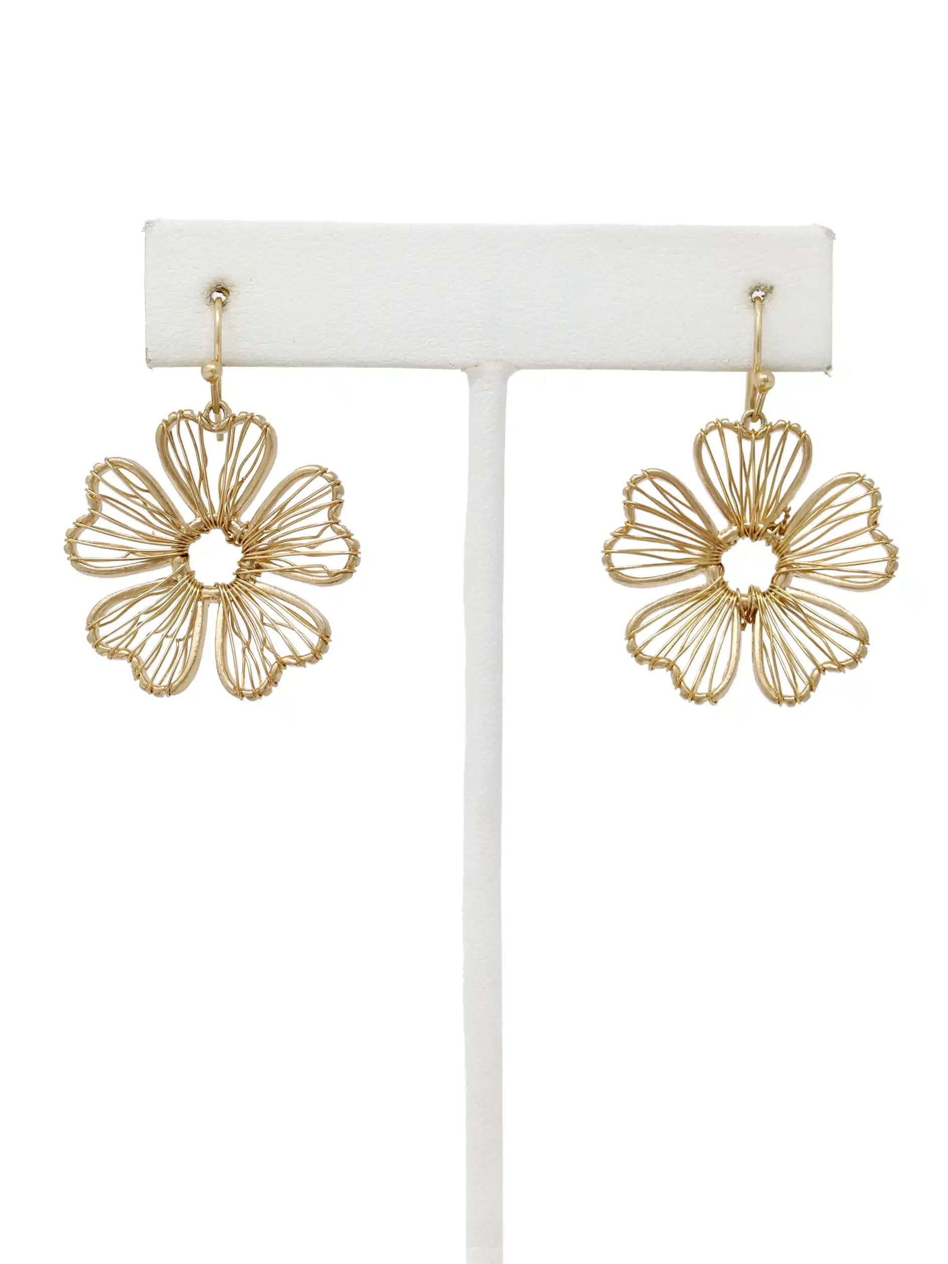 Gold wire flower drop earrings with open petal design and hook closure, featuring delicate floral filigree style in a lightweight gold-tone finish.