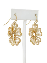 Gold wire flower drop earrings with open petal design and hook closure, featuring delicate floral filigree style in a lightweight gold-tone finish.