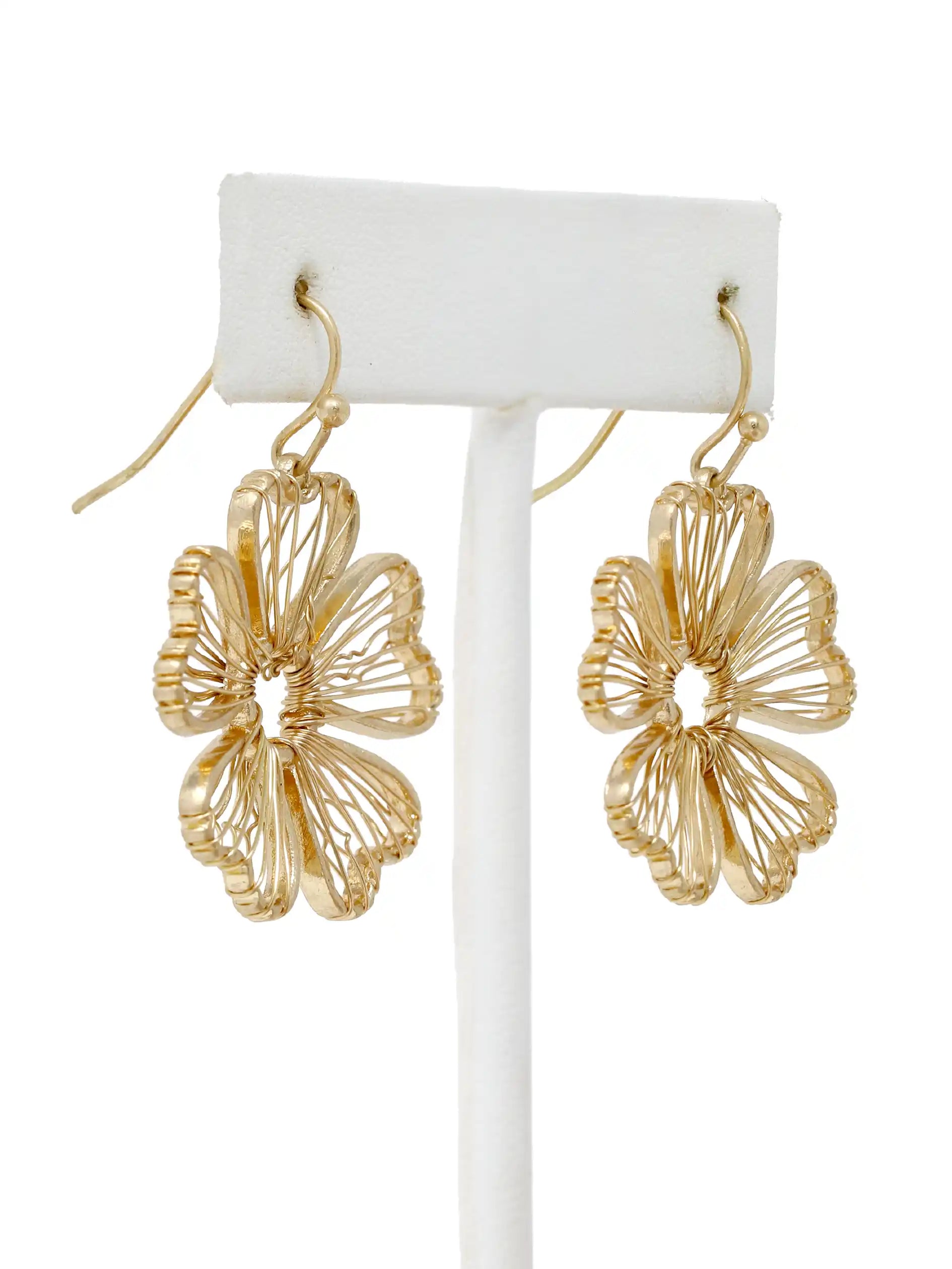 Gold wire flower drop earrings with open petal design and hook closure, featuring delicate floral filigree style in a lightweight gold-tone finish.