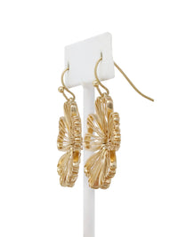 Gold wire flower drop earrings with open petal design and hook closure, featuring delicate floral filigree style in a lightweight gold-tone finish.