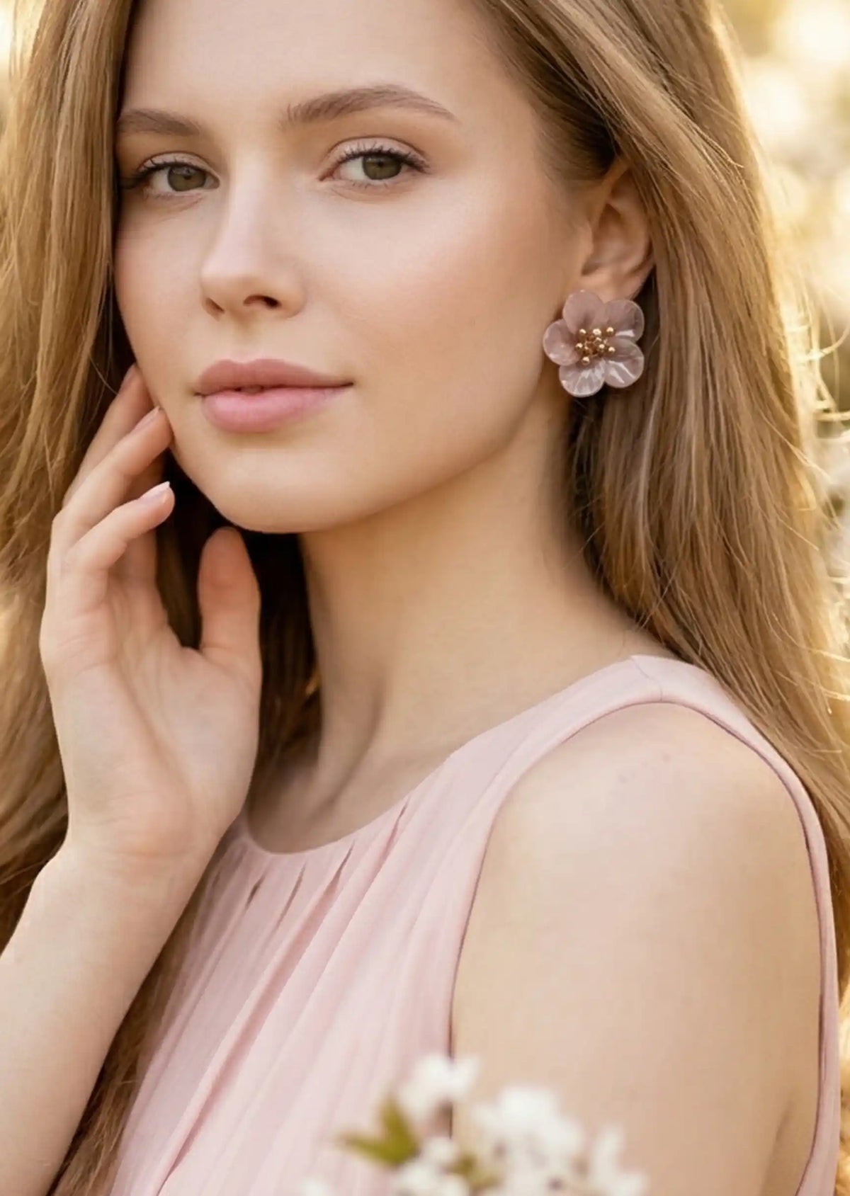 Woman wearing floral earrings with a blurred natural background