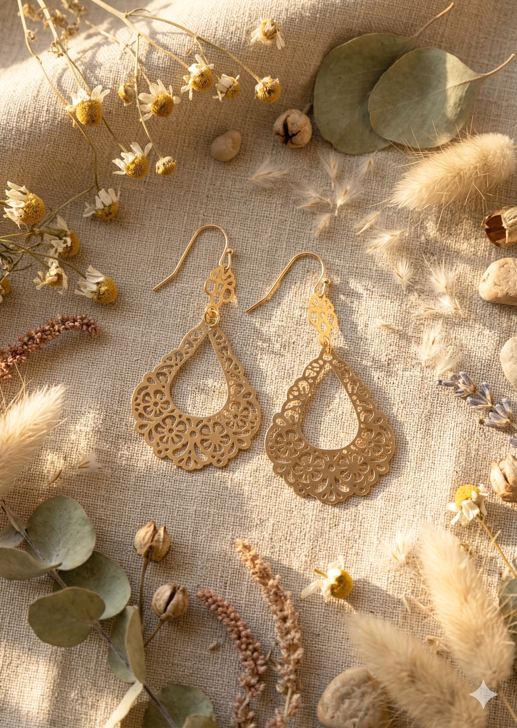 Gold earrings on a textured surface with dried flowers and leaves