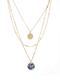 Triple-layered gold necklace featuring a dangling charm made of natural abalone.