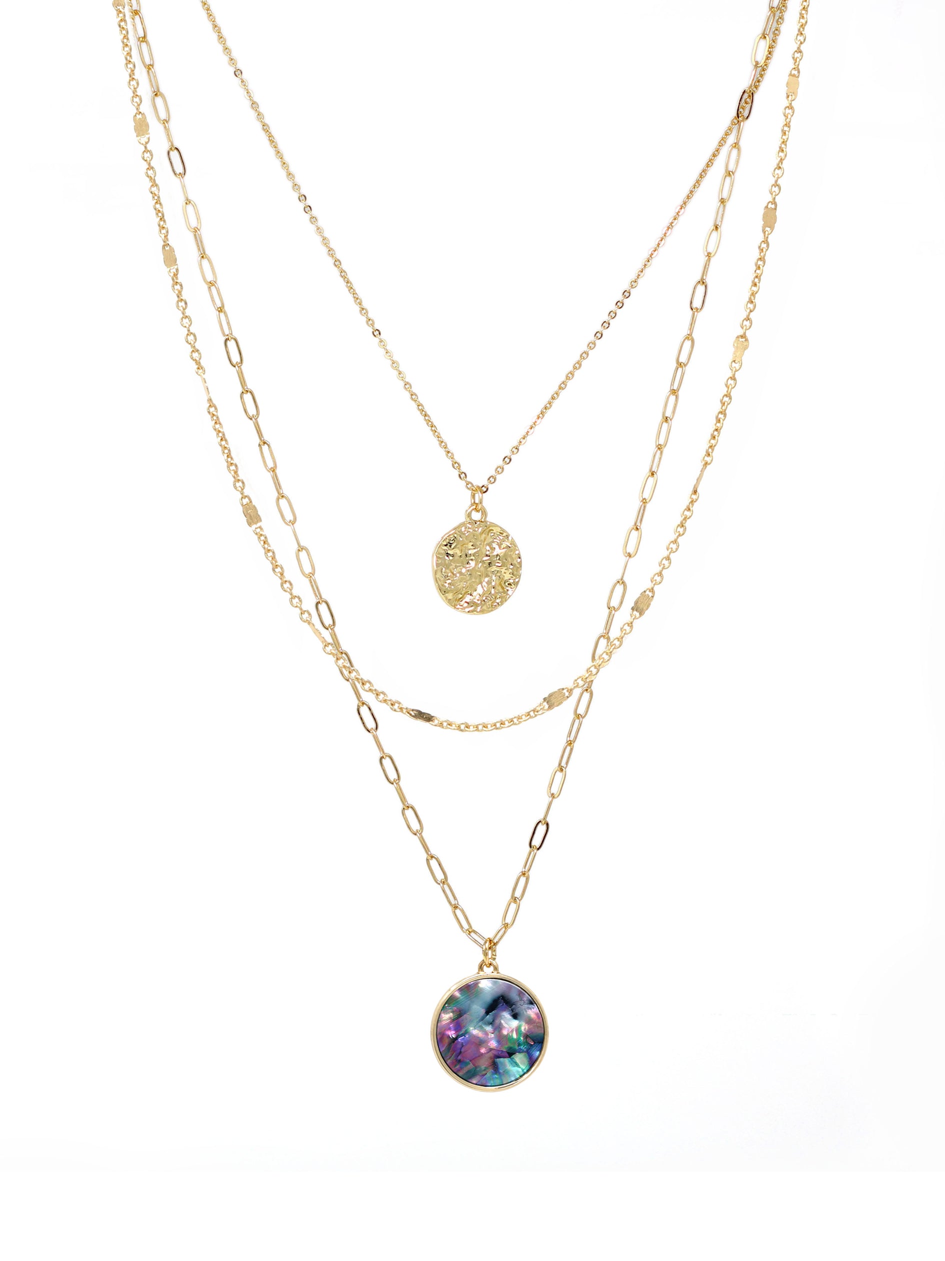 Triple-layered gold necklace featuring a dangling charm made of natural abalone.