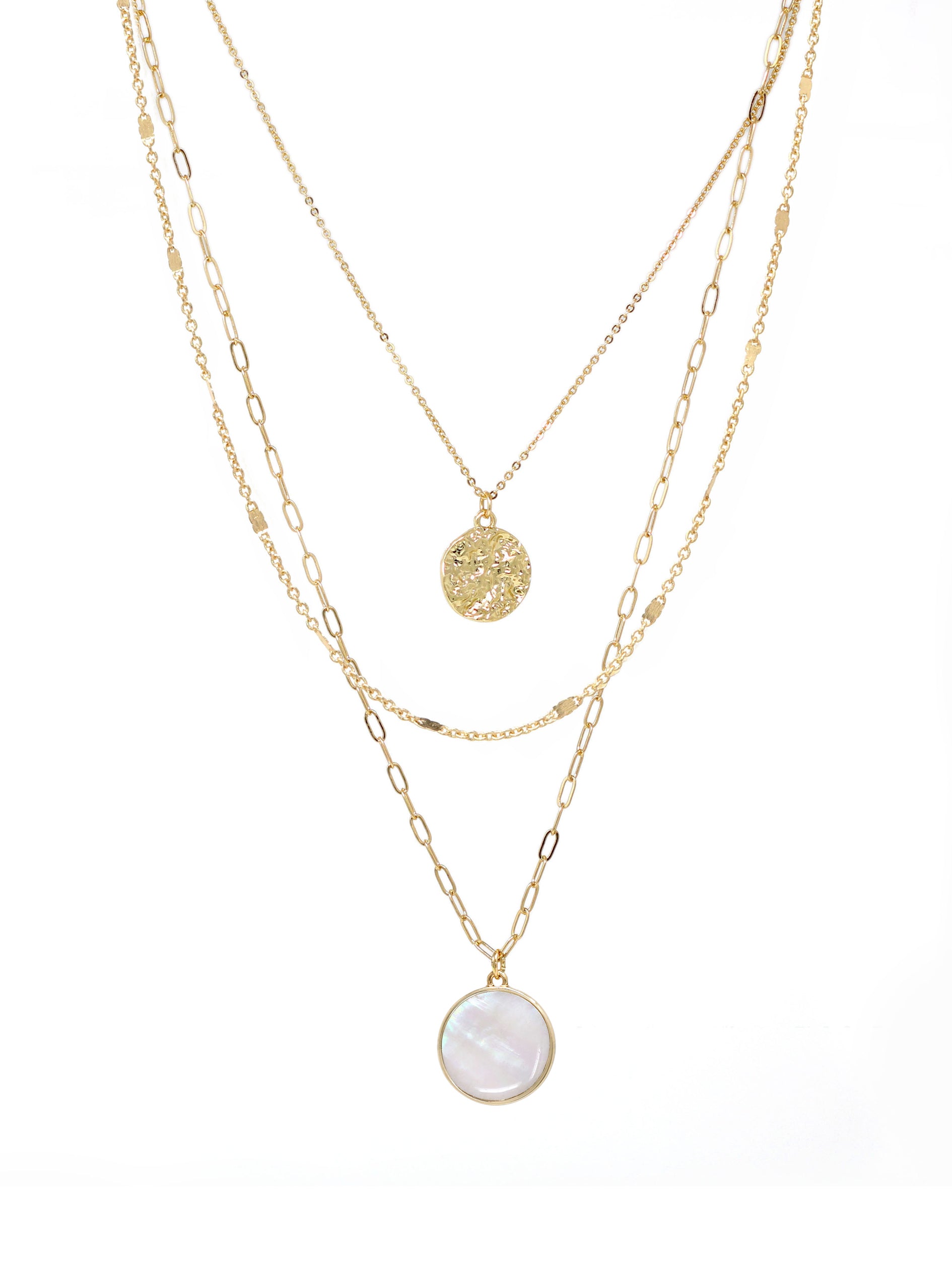 Triple-layered gold necklace featuring a dangling charm made of natural Mother of Pearl.