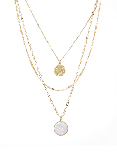 Triple-layered gold necklace featuring a dangling charm made of natural Mother of Pearl.
