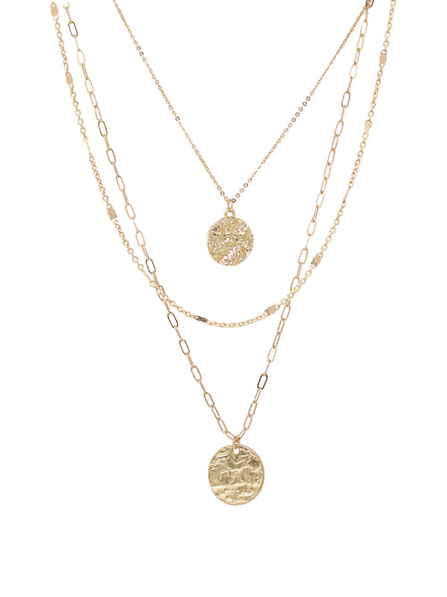 This simple yet stylish necklace in gold consists of three layers of metallic chains, adorned with dangling charms. The chains include a fine cable chain, a textured chain, and a paperclip chain, giving the necklace a modern and versatile look.