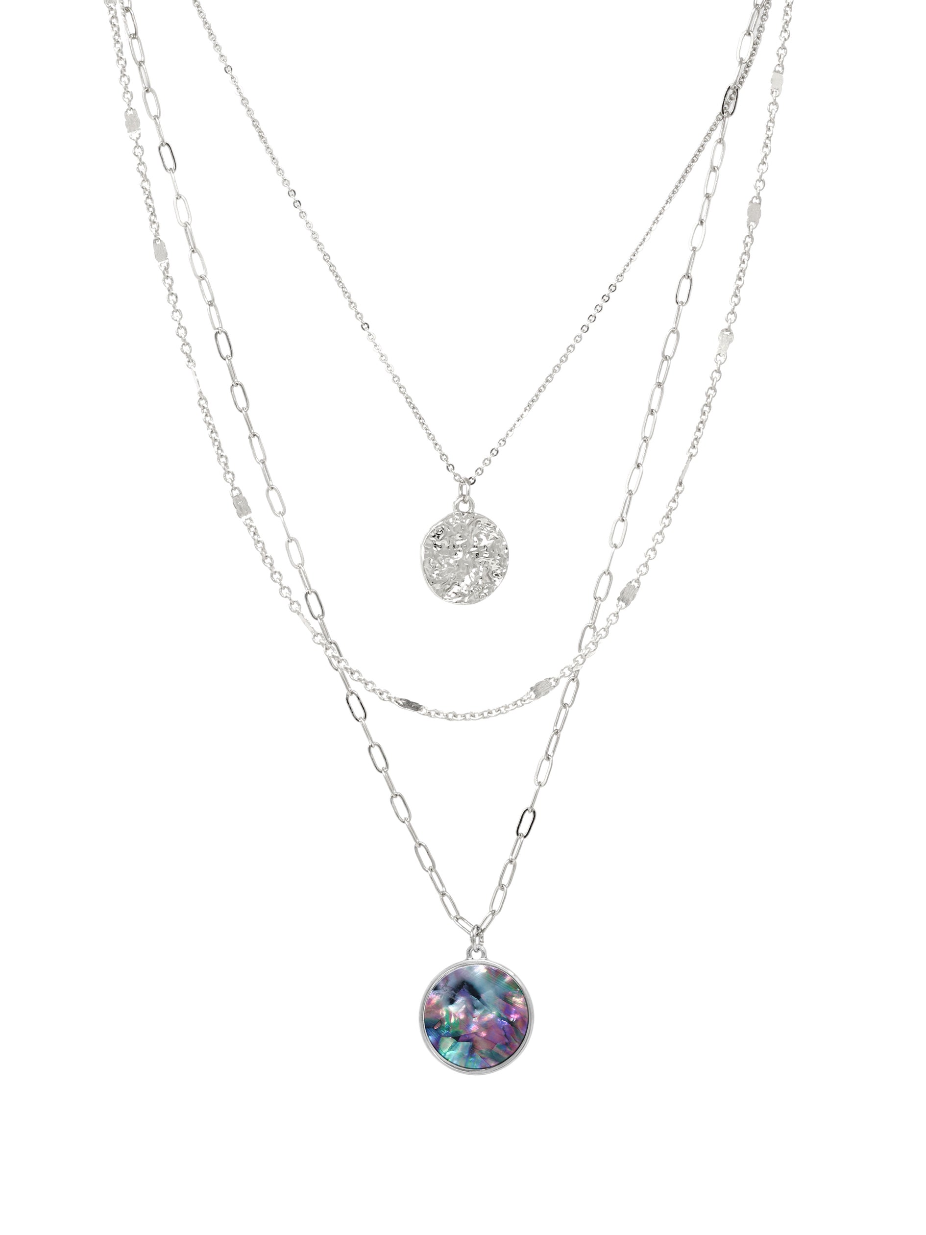 Layered silver necklaces with colorful abalone pendant on a white background.