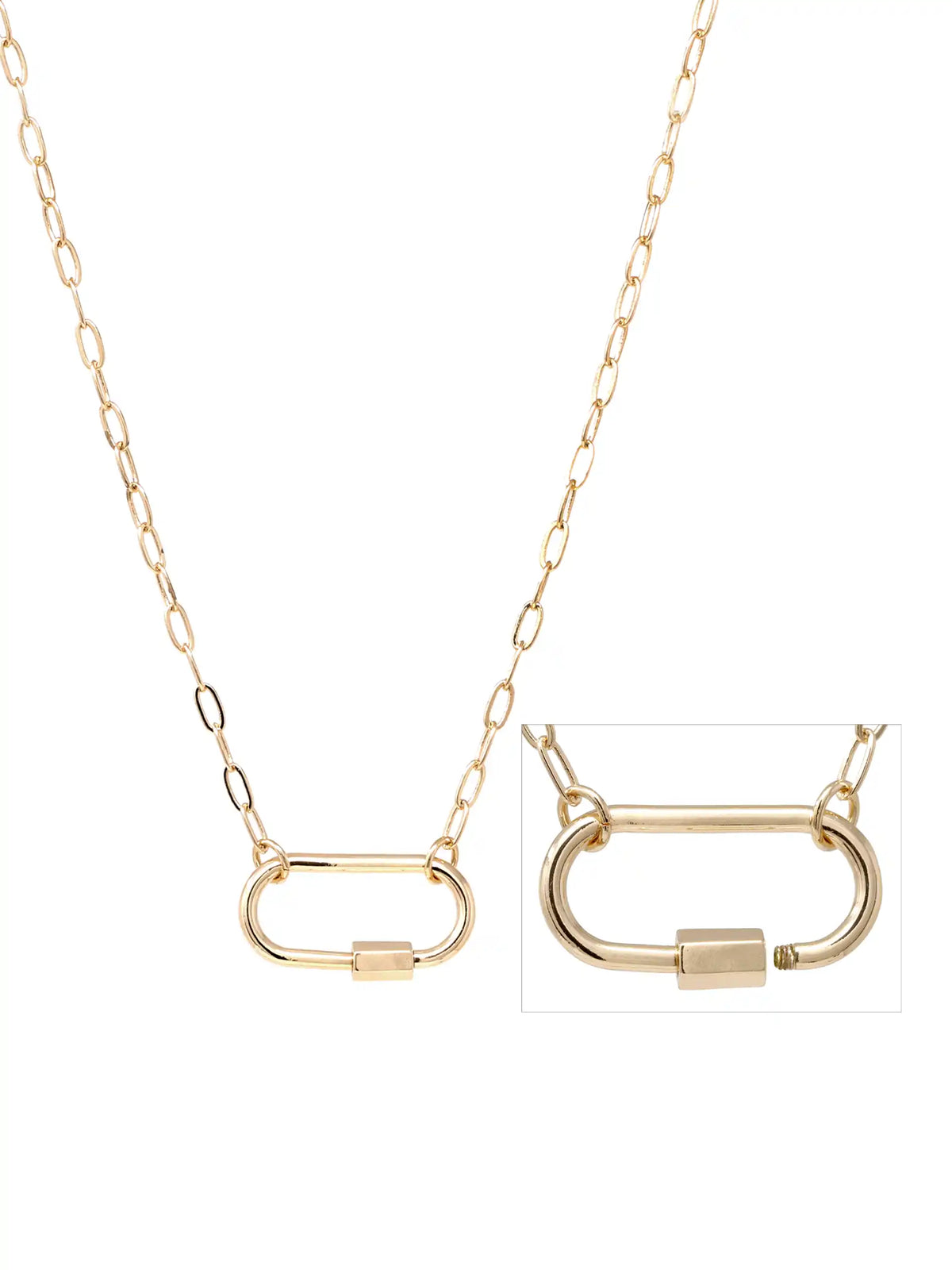 A gold chain necklace with a minimalist open oval carabiner, shown on a plain white background with a small inset detail view of the pendant.