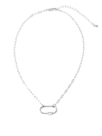 A silver chain necklace featuring a minimalist, polished oval carabiner pendant, displayed on a clean white background.