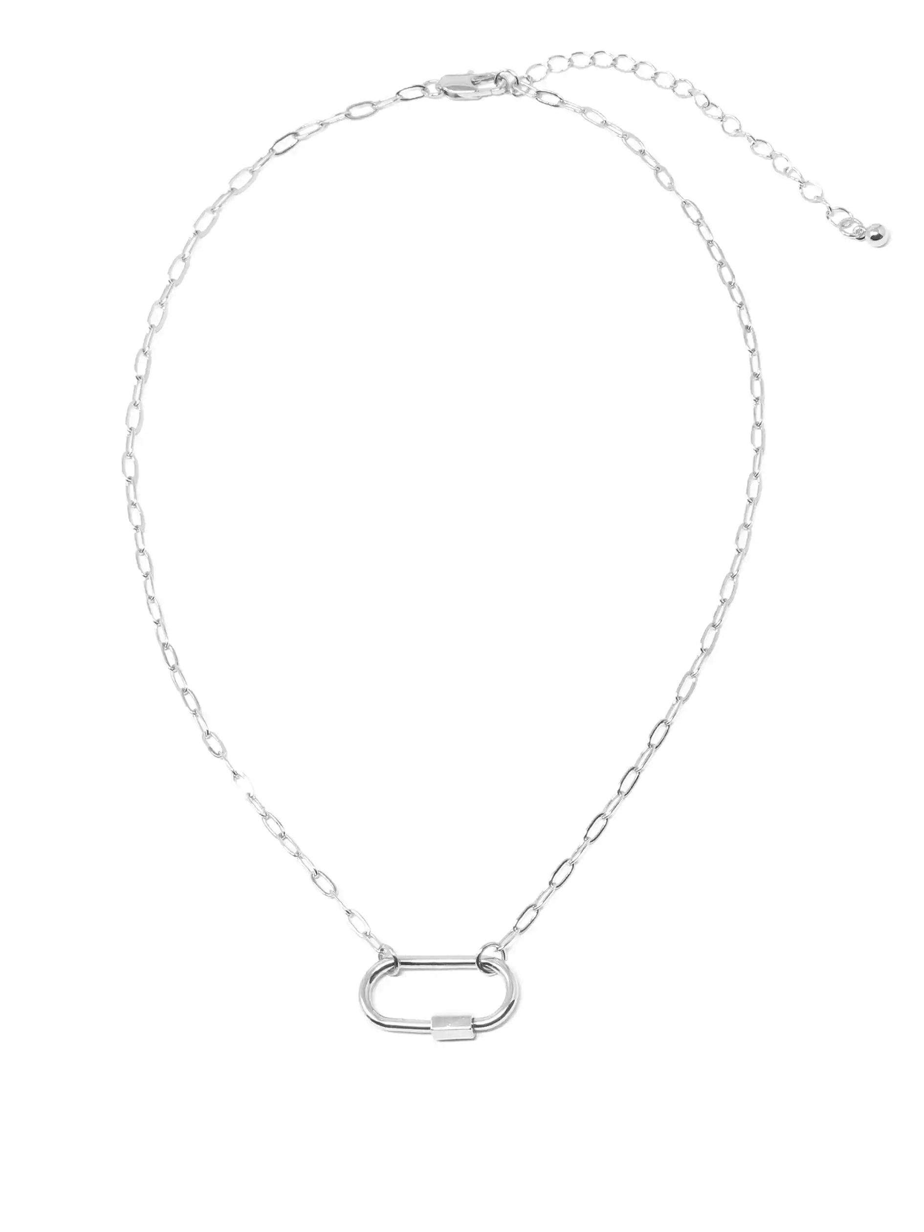 A silver chain necklace featuring a minimalist, polished oval carabiner pendant, displayed on a clean white background.
